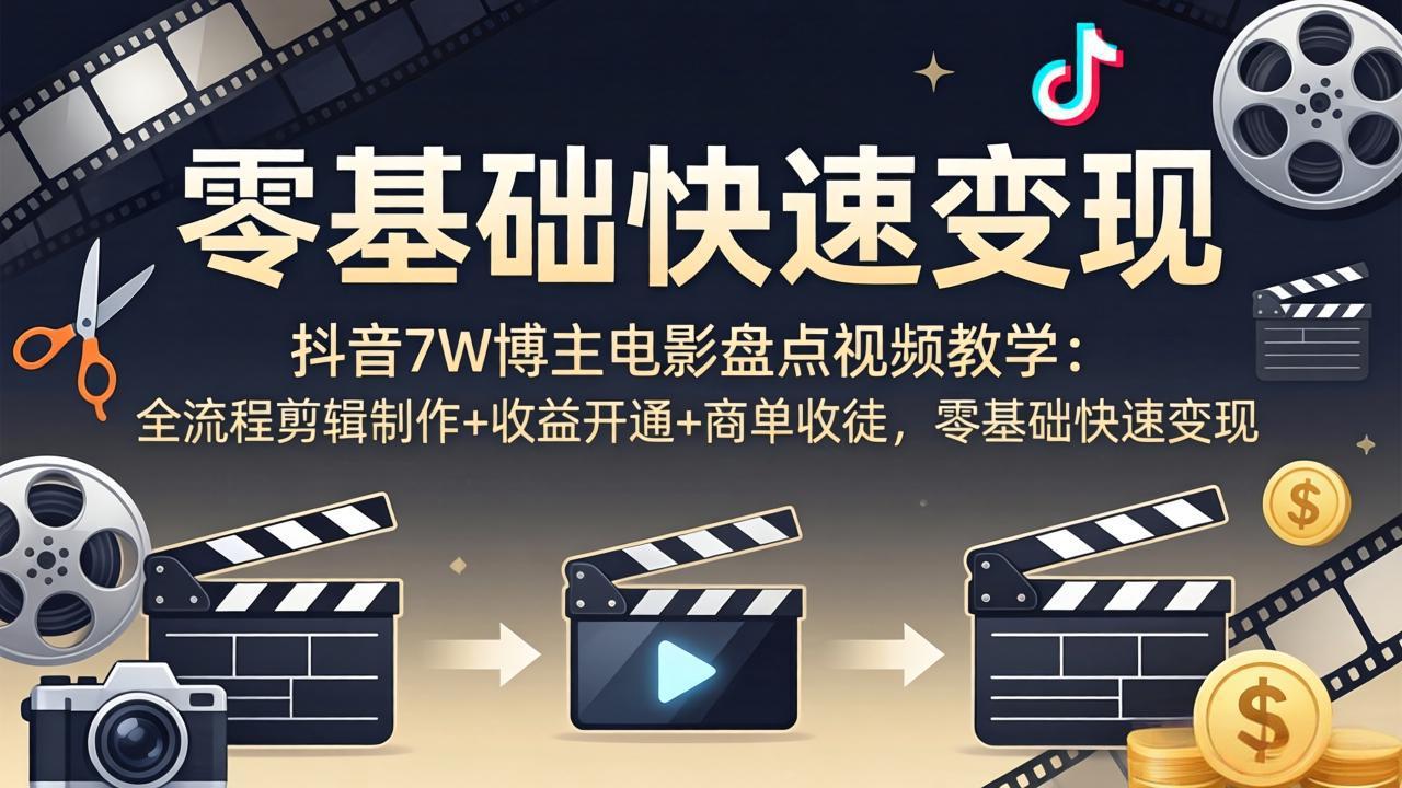 抖音7W博主电影盘点视频教学：全流程剪辑制作+收益开通+商单收徒，零基础快速变现-点子口袋网