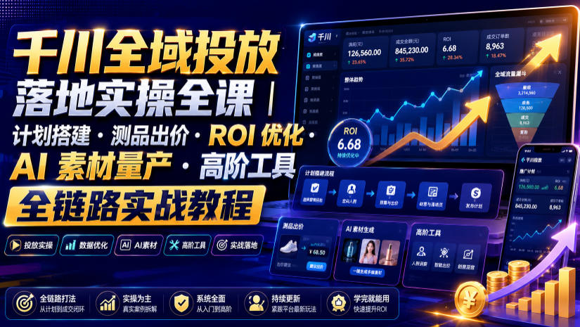 千川全域投放落地实操全课｜计划搭建・测品出价・ROI优化・AI素材量产・高阶工具全链路实战教程-点子口袋网