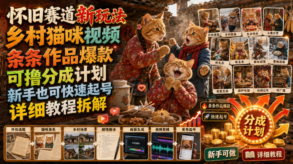 怀旧赛道新玩法，乡村猫咪视频，条条作品爆款，可撸分成计划，新手也可快速起号，详细教程拆解-点子口袋网