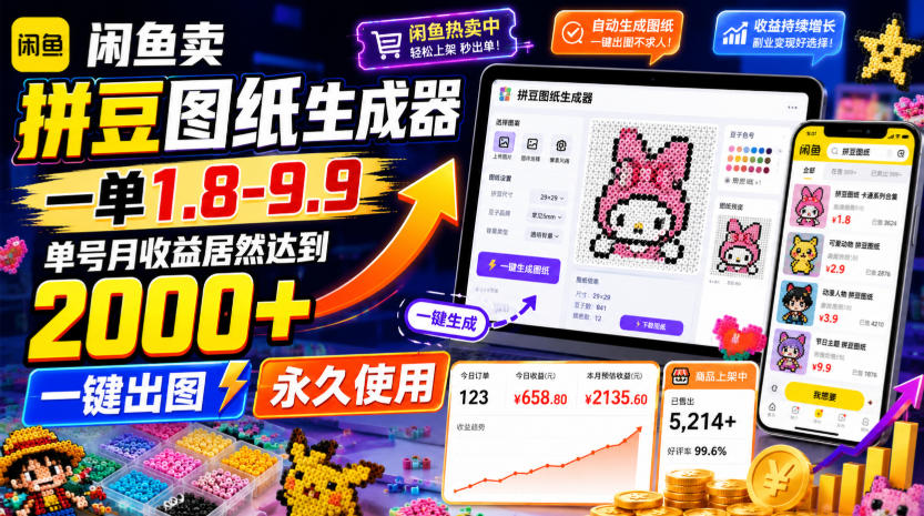 闲鱼卖拼豆图纸生成器，一单1.8-9.9，单号月收益居然达到2000+一键出图永久使用-点子口袋网