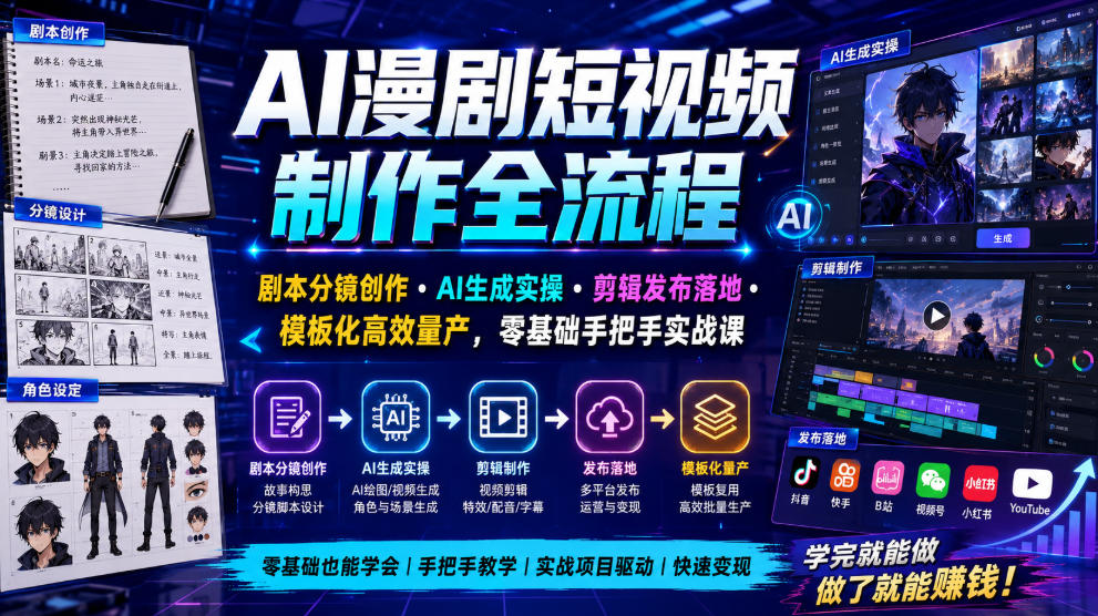 AI漫剧短视频制作全流程｜剧本分镜创作・AI生成实操・剪辑发布落地・模板化高效量产，零基础手把手实战课-点子口袋网