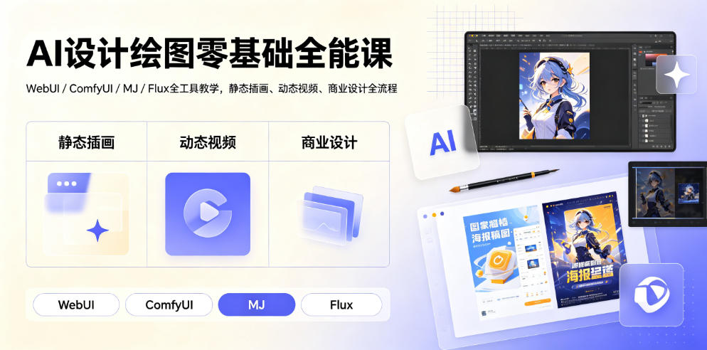 AI设计绘图零基础全能课｜WebUI/ComfyUI/MJ/Flux全工具教学，静态插画、动态视频、商业设计全流程-点子口袋网