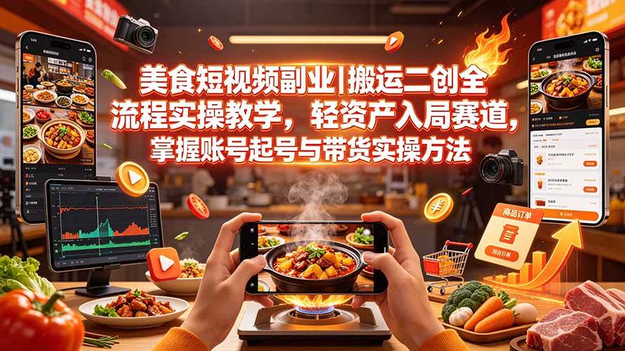 （19535期）美食短视频副业｜搬运二创全流程实操教学，轻资产入局赛道，掌握账号起号与带货实操方法-点子口袋网