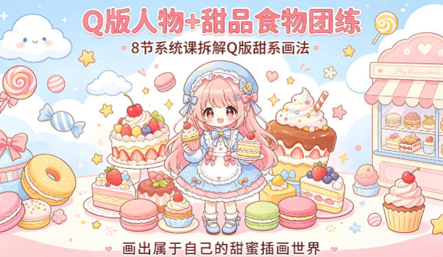 Q版人物+甜品食物团练，8节系统课拆解Q版甜系画法，画出属于自己的甜蜜插画世界-点子口袋网