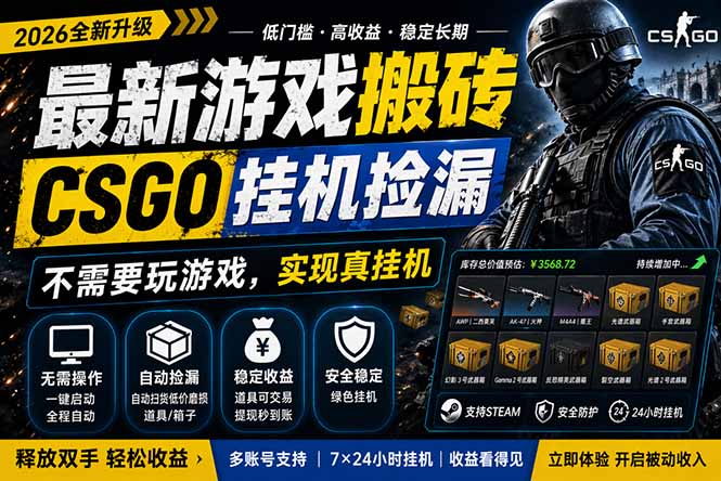 最新游戏搬砖，CSGO纯挂机，不需要玩游戏，实现真挂机，月入1W+，五一小高峰上车可吃肉，...-点子口袋网