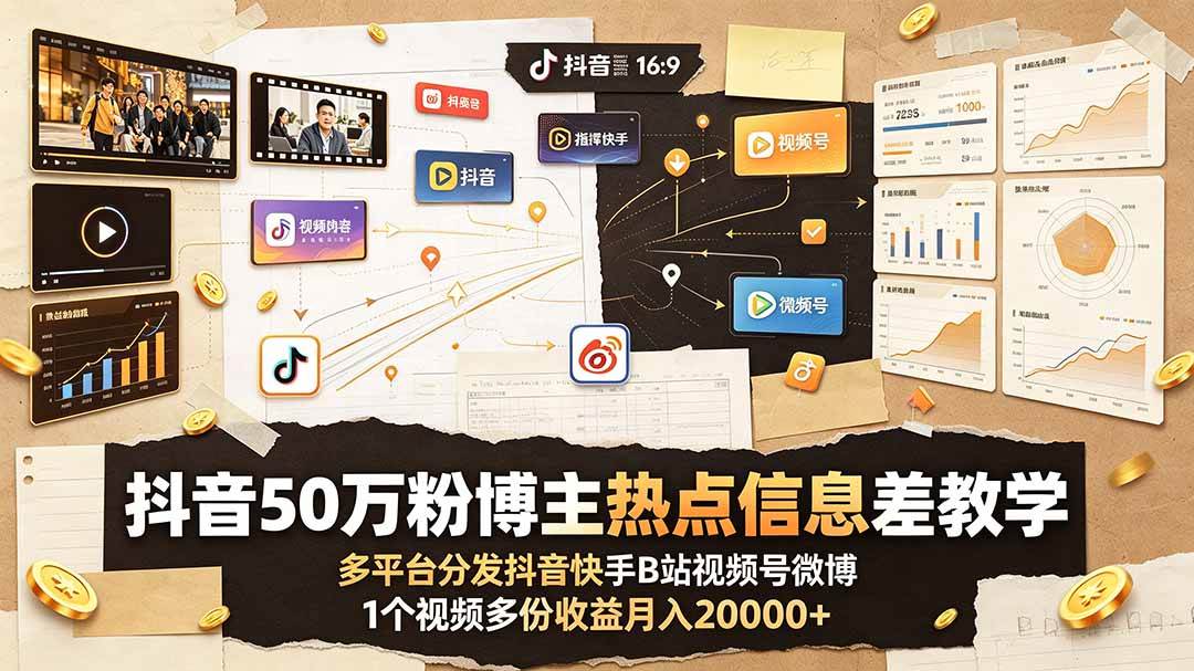 （19145期）抖音50万粉博主热点信息差教学：多平台分发抖音快手B站视频号微博，1个视频多份收益月入20000+-点子口袋网