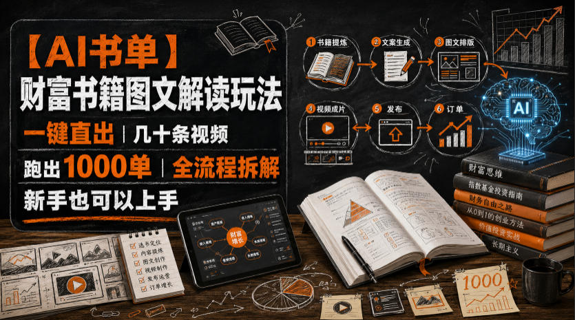 【AI书单】财富书籍图文解读玩法，一键直出，几十条视频，跑出1000单，全流程拆解，新手也可以上手-点子口袋网