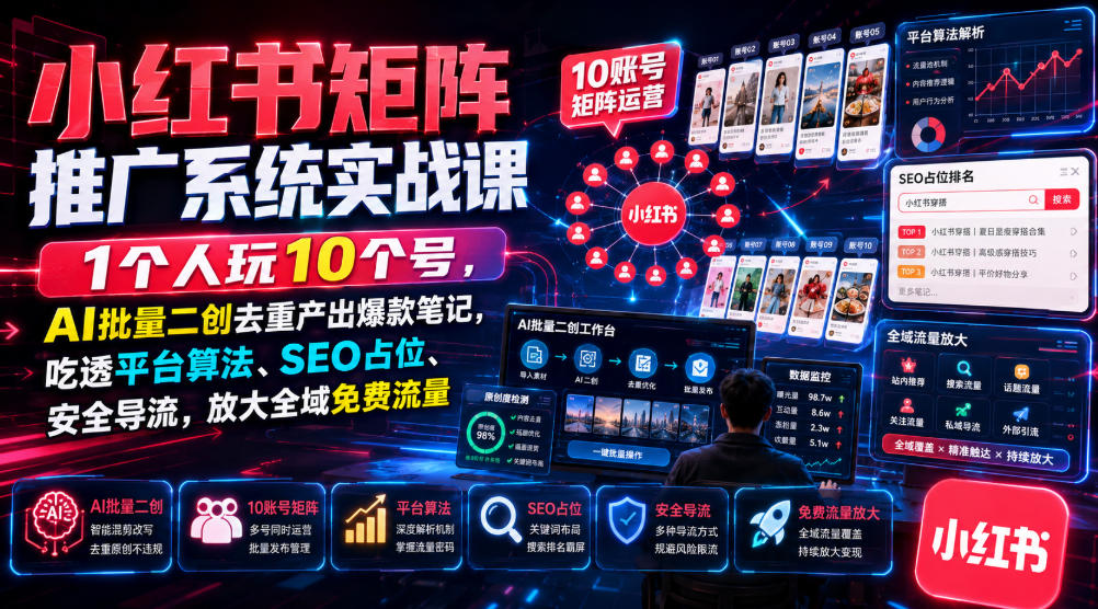 小红书矩阵推广系统实战课｜1个人玩10个号，AI批量二创去重产出爆款笔记，吃透平台算法、SEO占位、安全导流，放大全域免费流量-点子口袋网