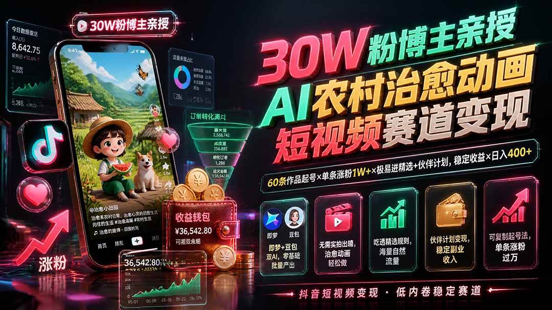 （19648期）30W粉博主亲授AI农村治愈动画短视频赛道变现：60条作品起号×单条涨粉1W+×极易进精选+伙伴计划，稳定收益×日入400+-点子口袋网