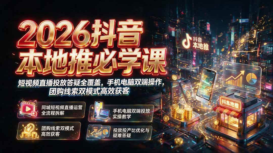 （19618期）2026抖音本地推必学课｜短视频直播投放答疑全覆盖，手机电脑双端操作，团购线索双模式高效获客-点子口袋网