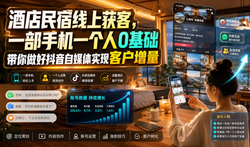 酒店民宿线上获客，一部手机一个人0基础带你做好抖音自媒体实现客户增量-点子口袋网