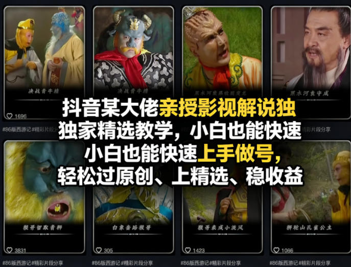 抖音某大佬亲授影视解说独家精选教学，小白也能快速上手做号，轻松过原创、上精选、稳收益-点子口袋网