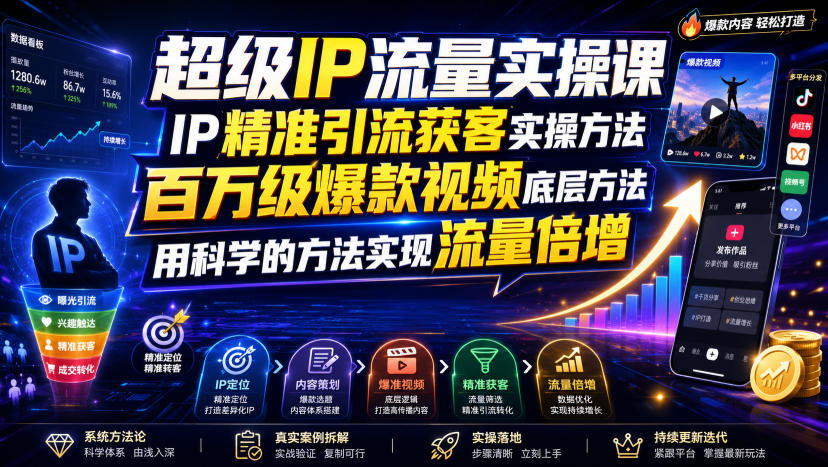 超级IP流量实操课，IP精准引流获客实操方法，百万级爆款视频底层方法，用科学的方法实现流量倍增-点子口袋网