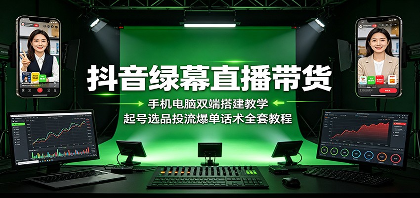 抖音绿幕直播带货：手机电脑双端搭建教学，起号选品投流爆单话术全套教程-点子口袋网