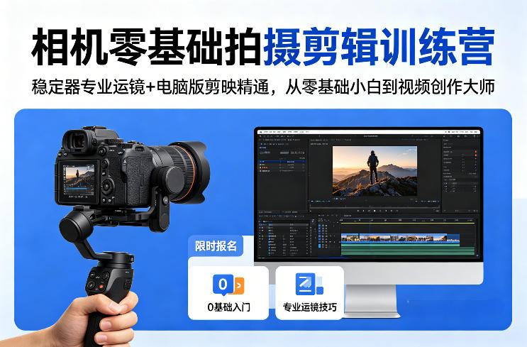 相机零基础拍摄剪辑训练营：稳定器专业运镜+电脑版剪映精通，从零基础小白到视频创作大师-点子口袋网