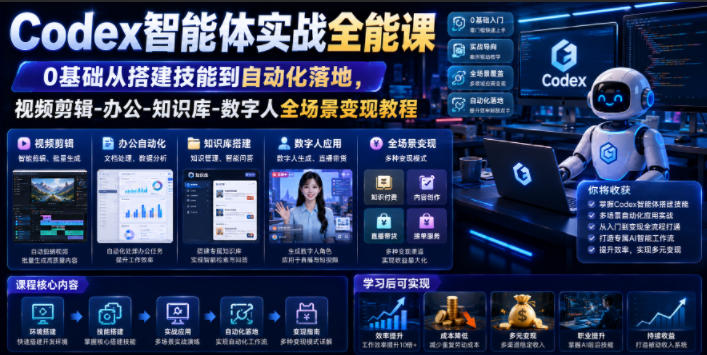 Codex智能体实战全能课｜0基础从搭建技能到自动化落地，视频剪辑-办公-知识库-数字人全场景变现教程-点子口袋网