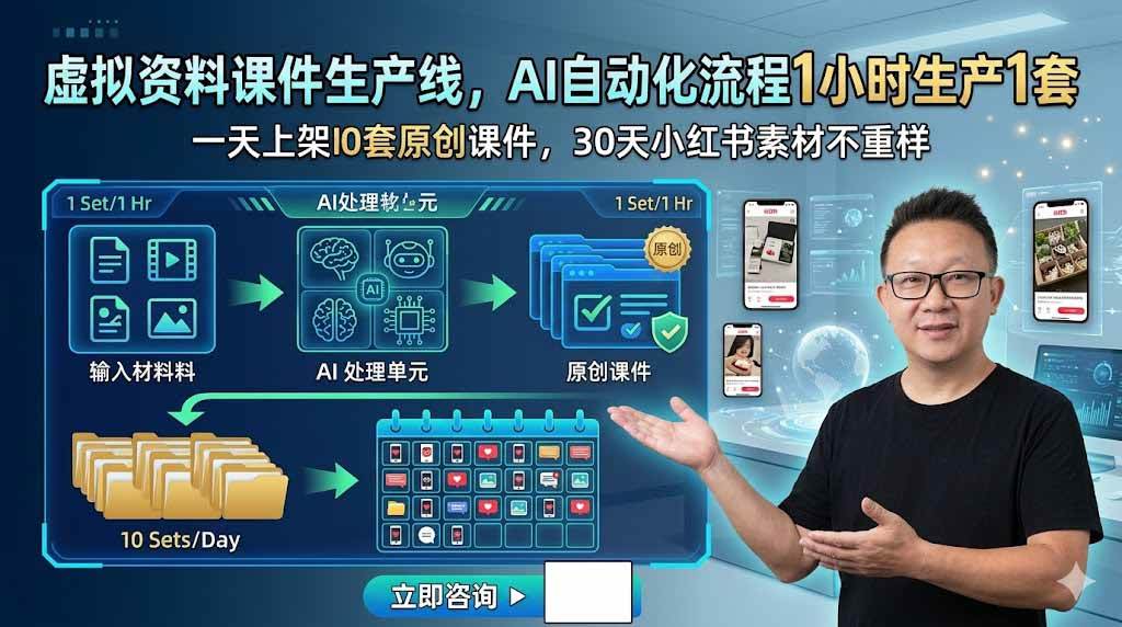 （19091期）虚拟资料课件生产线，AI自动化流程1小时生产1套，一天上架10套原创课件，30天小红书素材不重样-点子口袋网