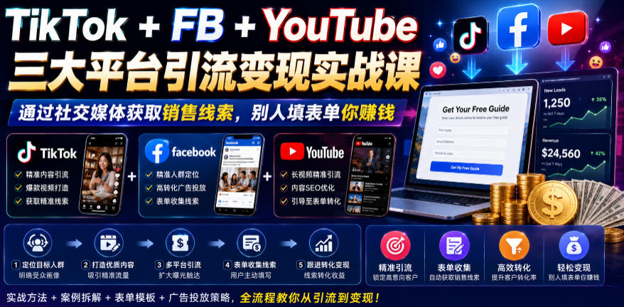 TikTok+FB+YouTube三大平台引流变现实战课，通过社交媒体获取销售线索，别人填表单你賺钱【原创双语字幕】-点子口袋网