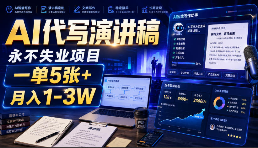AI代写演讲稿，永不失业项目，一单5张+，月入1-3W【揭秘】-点子口袋网