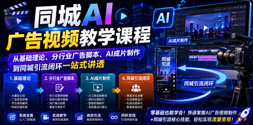 同城AI广告视频教学课程，从基础理论、分行业广告脚本、AI成片制作到同城引流闭环一站式讲透-点子口袋网