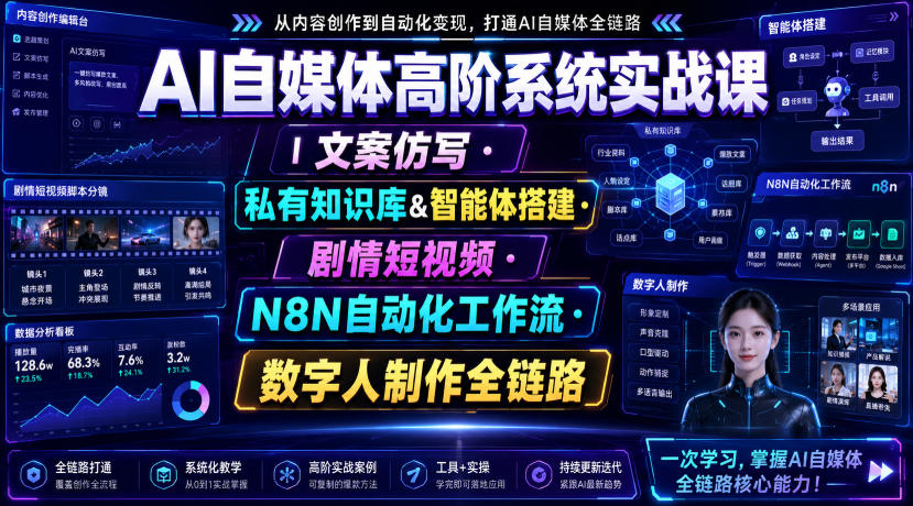 AI自媒体高阶系统实战课｜文案仿写・私有知识库&智能体搭建・剧情短视频・N8N自动化工作流・数字人制作全链路-点子口袋网