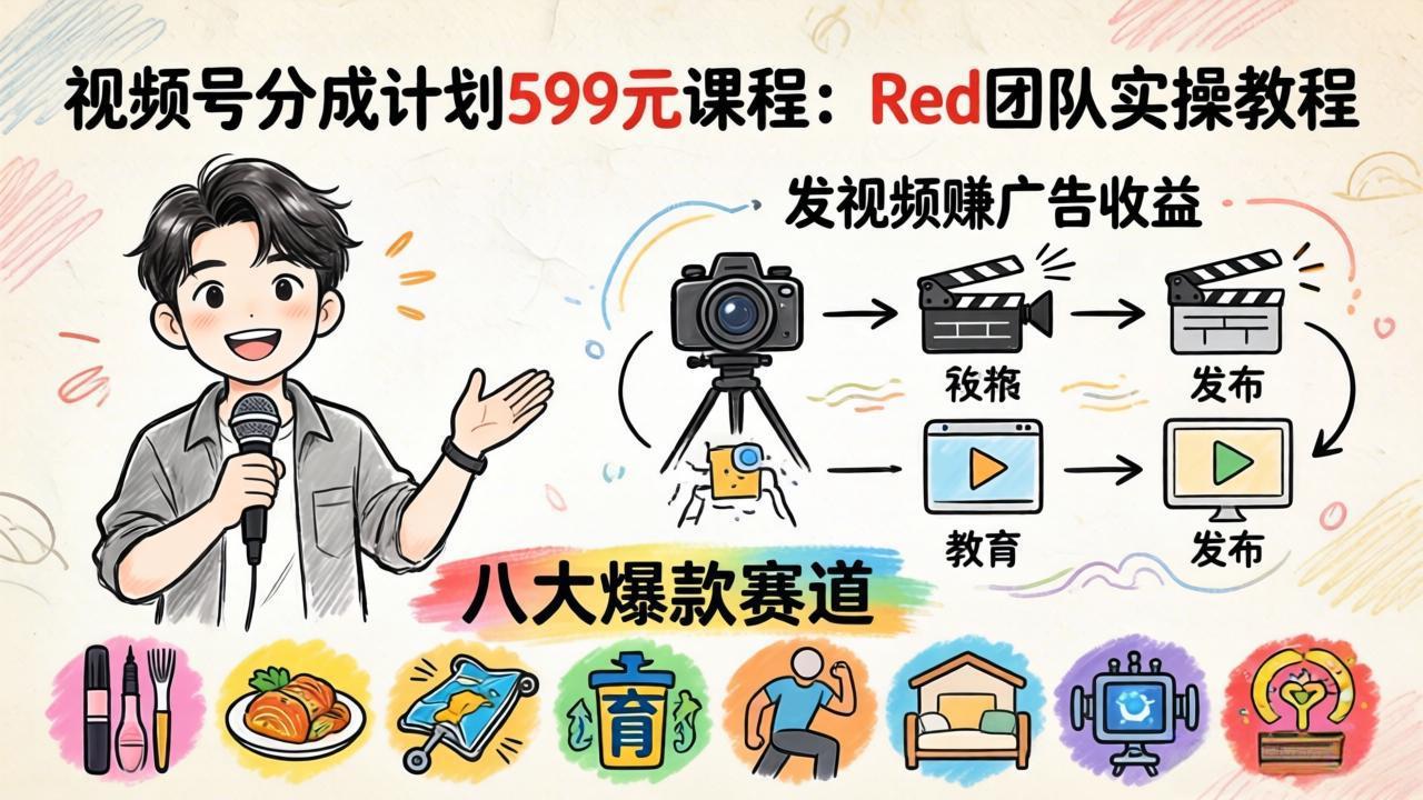 视频号分成计划599元课程：Red团队实操教程，发视频赚广告收益，八大爆款赛道全掌握-点子口袋网