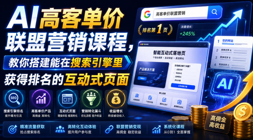 AI高客单价联盟营销课程，教你搭建能在搜索引擎里获得排名的互动式页面，引来流量，把访客转化为高佣金的成交【原创双语字幕】-点子口袋网