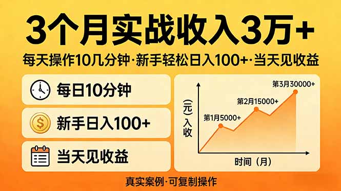 3个月实战收入3万+，每天操作10几分钟，新手轻松日入100+，当天见收益-点子口袋网