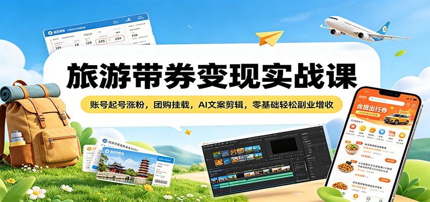 旅游带券变现实战课：账号起号涨粉，团购挂载，AI文案剪辑，零基础轻松副业增收-点子口袋网