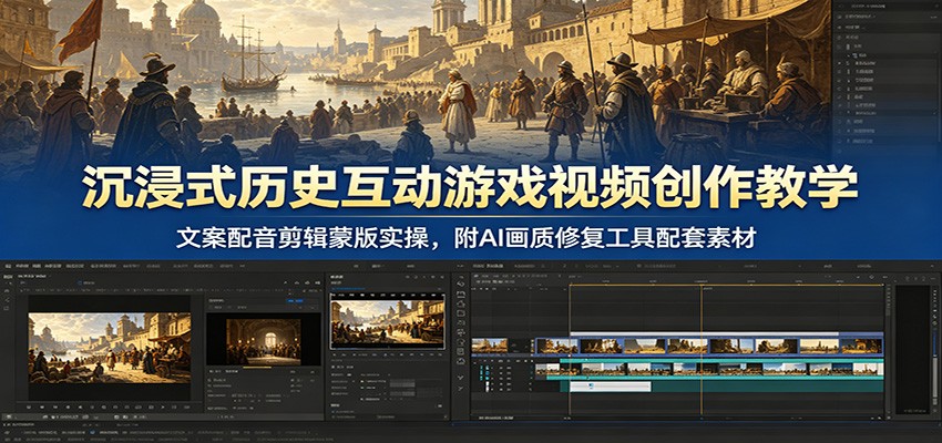 沉浸式历史互动游戏视频创作教学：文案配音剪辑蒙版实操，附AI画质修复工具配套素材-点子口袋网