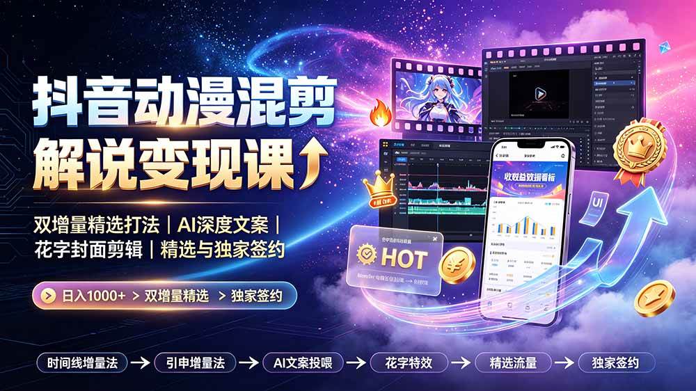 （19311期）抖音动漫混剪解说变现课：双增量精选打法｜AI深度文案｜花字封面剪辑｜ 精选与独家签约日入1000+-点子口袋网