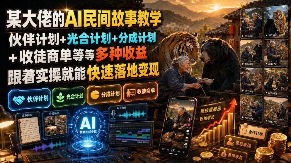 （19360期）某大佬的AI民间故事教学，伙伴计划+光合计划+分成计划+收徒商单等多种收益，跟着实操就能快速落地变现-点子口袋网
