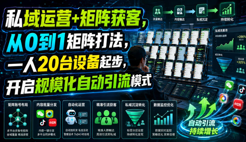 私域运营+矩阵获客，从0到1矩阵打法，一人20台设备起步，开启规模化自动引流模式！-点子口袋网