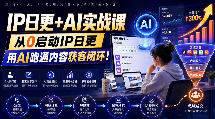 IP日更+AI实战课，从0启动IP日更，IP置顶视频制作+100条选题库搭建+10条日更规划，用AI跑通内容获客闭环!-点子口袋网