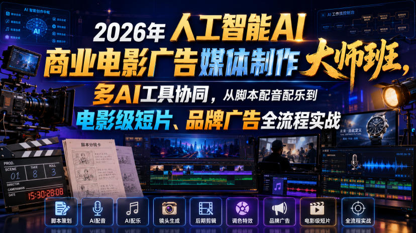 2026年人工智能AI商业电影广告媒体制作大师班，多AI工具协同，从脚本配音配乐到电影级短片、品牌广告全流程实战（中英字幕）-点子口袋网