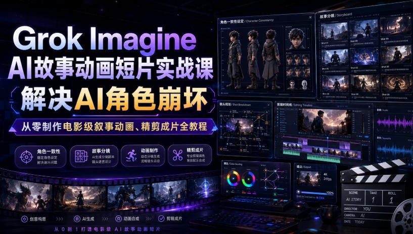 Grok Imagine AI故事动画短片实战课｜解决AI角色崩坏，从零制作电影级叙事动画、精剪成片全教程（中英字幕）-点子口袋网