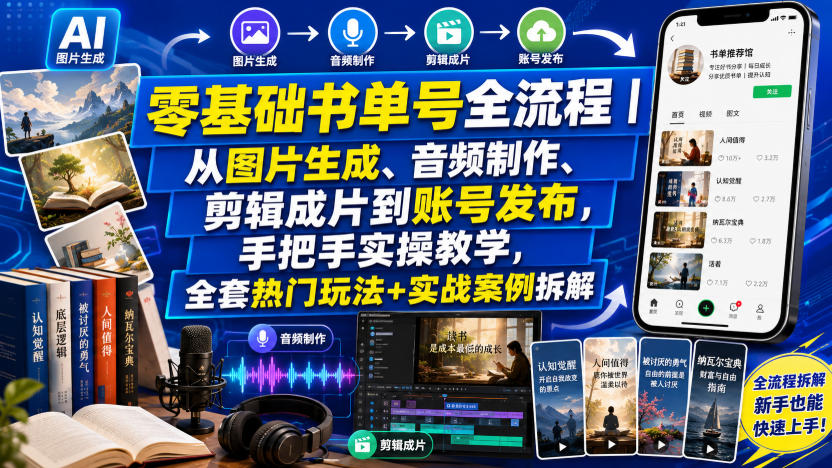 零基础书单号全流程｜从图片生成、音频制作、剪辑成片到账号发布，手把手实操教学，全套热门玩法+实战案例拆解-点子口袋网