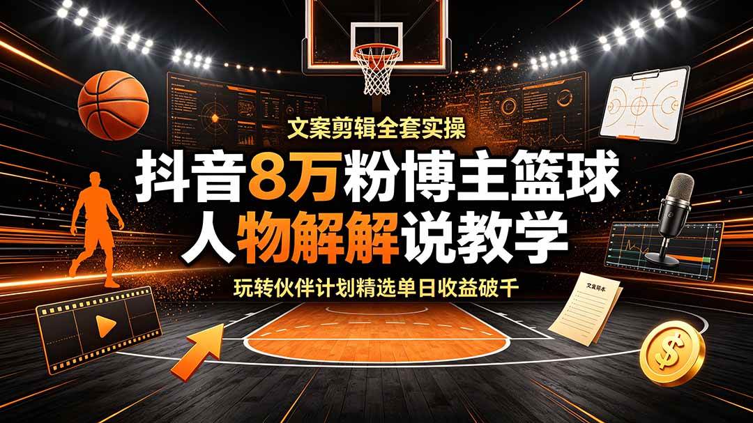 （19135期）抖音8万粉博主篮球人物解说教学，文案剪辑全套实操，玩转伙伴计划精选单日收益破千-点子口袋网