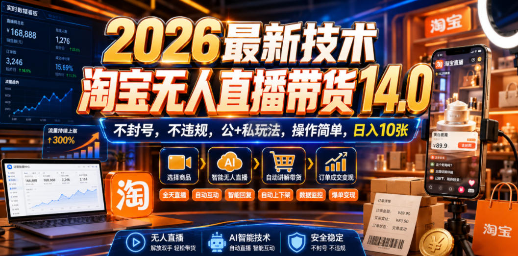 2026最新技术，淘宝无人直播带货14.0，不封号，不违规，公+私玩法，操作简单，日入10张【揭秘】-点子口袋网
