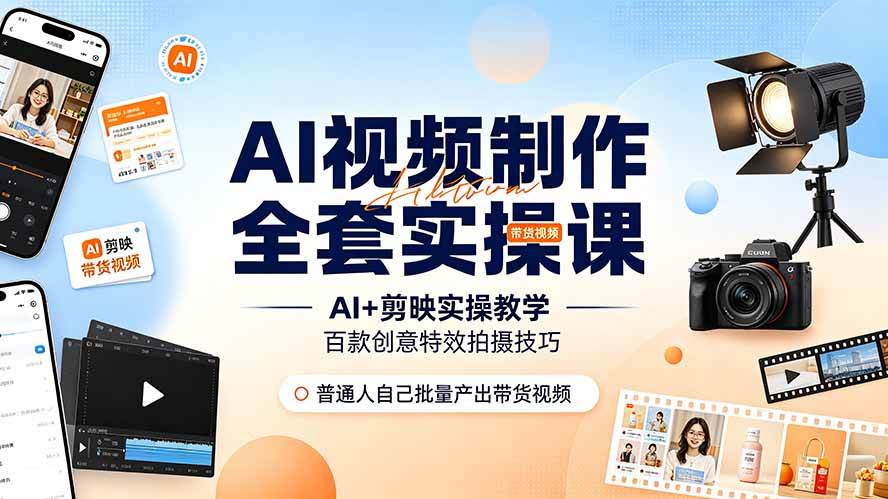 （19200期）AI视频制作全套实操课，多款AI工具搭配剪映教学，百种特效运镜拍摄实操，抖音账号带货运营全覆盖-点子口袋网