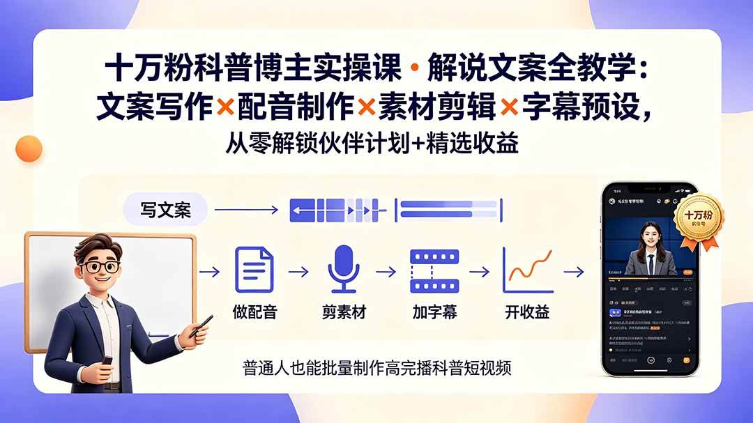 （19275期）10万粉科普博主实操课-解说文案全教学：文案写作×配音制作×素材剪辑×字幕预设，从零解锁伙伴计划+精选收益-点子口袋网