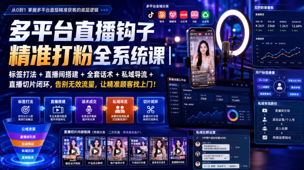 多平台直播钩子精准打粉全系统课｜标签打法+直播间搭建+全套话术+私域导流+直播切片闭环，告别无效流量，让精准顾客找上门！-点子口袋网