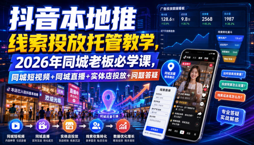 抖音本地推线索投放托管教学，2026年同城老板必学课，同城短视频+同城直播+实体店投放+问题答疑-点子口袋网