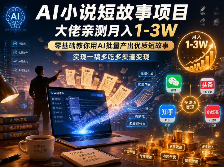 AI小说短故事项目，大佬亲测月入1-3W，零基础教你用AI批量产出优质短故事，实现一稿多吃多渠道变现（更新0624）-点子口袋网