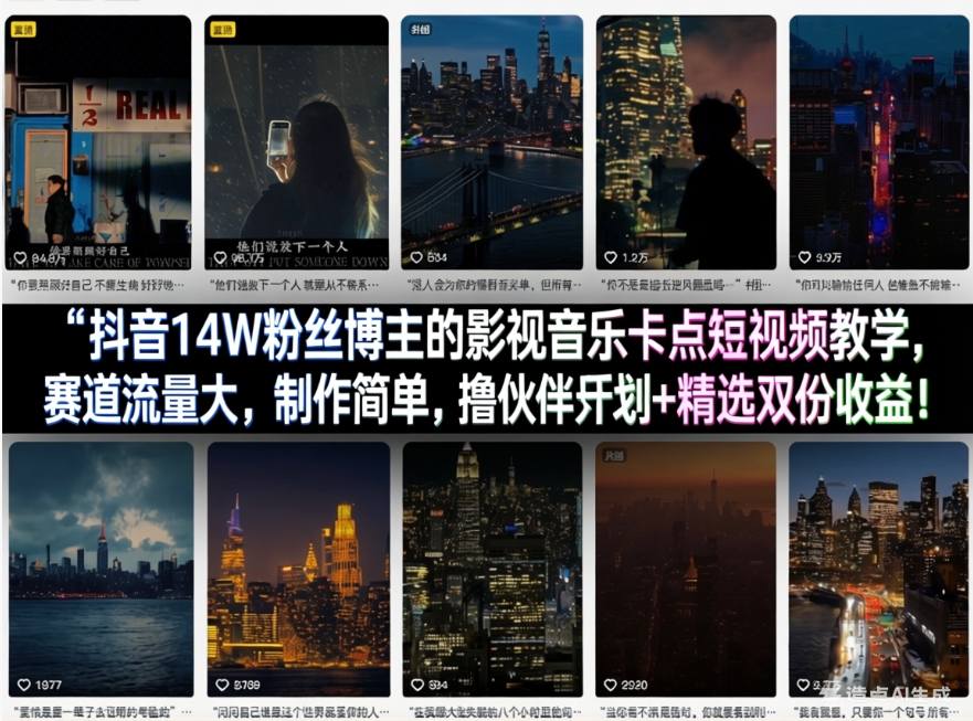 抖音14W粉丝博主的影视音乐卡点短视频教学，赛道流量大，制作简单，撸伙伴计划+精选双份收益！-点子口袋网
