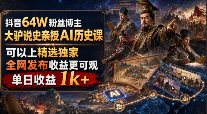 抖音64W粉丝博主大驴说史亲授AI历史课，可以上精选独家，全网发布收益更可观，单日收益1k+-点子口袋网