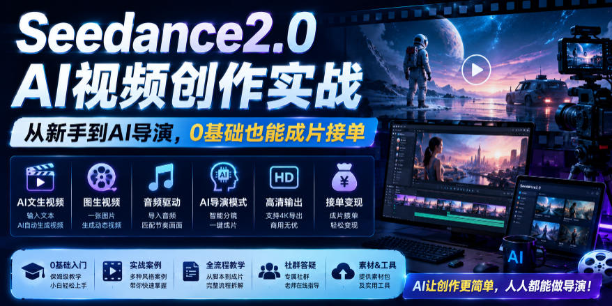 Seedance2.0 AI视频创作实战，从新手到AI导演，0基础也能成片接单变现-点子口袋网