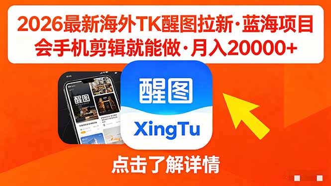 26年最新海外Tk醒图拉新，蓝海项目，会手机剪辑就可以做，月入20000＋-点子口袋网