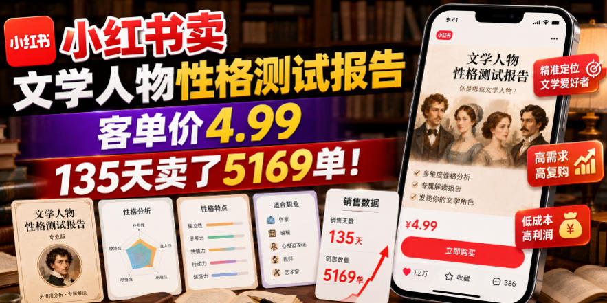 小红书卖文学人物性格测试报告，客单价4.99，135天卖了5169单！-点子口袋网