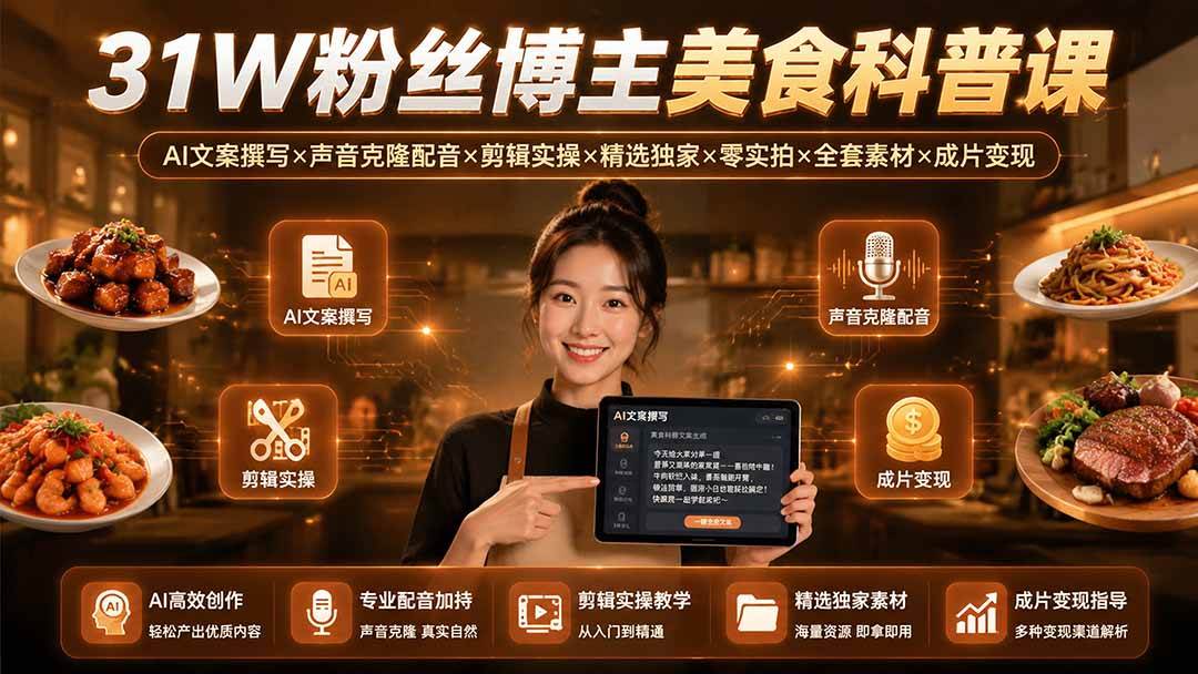 （19558期）31W粉丝博主美食科普课：AI文案撰写×声音克隆配音×剪辑实操×精选独家×零实拍×全套素材×成片变现-点子口袋网
